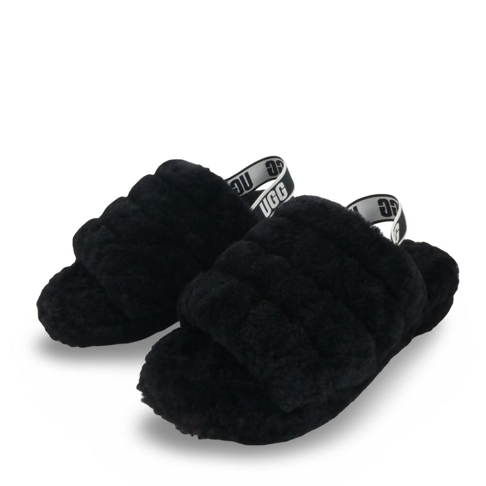 UGG Women's US 9 Slippers Fluff Yeah Black Sheepskin Slip-On Black Good